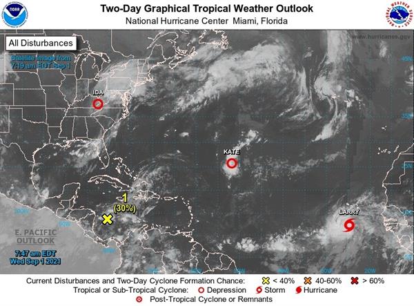 Localización de Larry, la duodécima tormenta tropical de este 2021; y las depresiones tropicales Kate e Ida. EFE