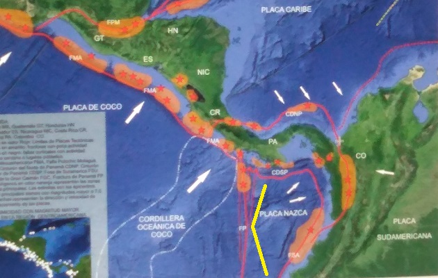 La Zona de Fractura de Panamá (FP) se introduce en tierra firme siguiendo el eje de la península de Burica. Foto:  Cortesía Instituto de Geociencias