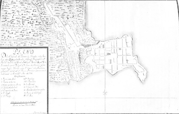 La Ciudad de Panamá, según plano confeccionado en 1716. Tomado del libro Panamá. Tierra, gente, legado.. Centenario. Aproximación a las raíces del hombre panameño. Vladimir Berrío-Lemm.