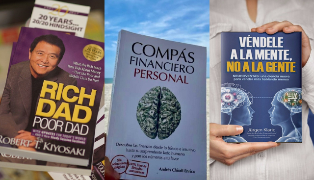 'Padre rico padre pobre', ‘Compás financiero personal' y ‘Véndele a la mente, no a la gente’. Fotos: @therealkiyosaki / @compasfinanciero / @jurgenklaric