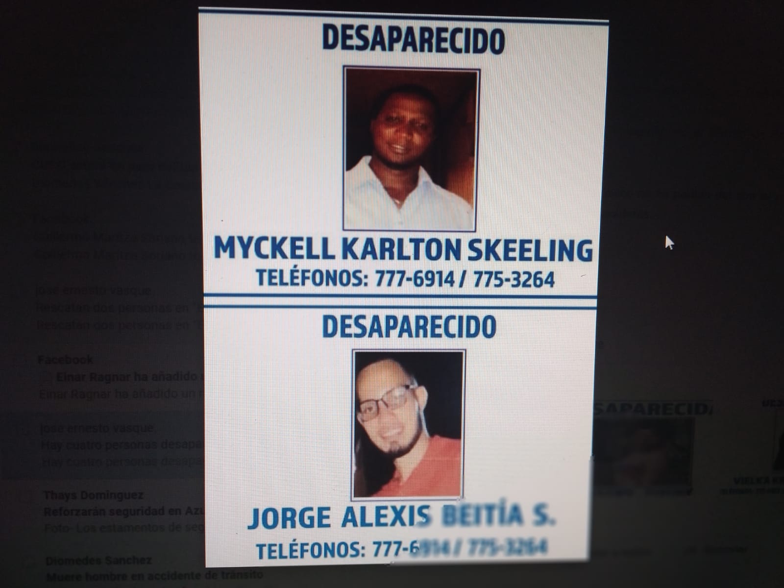 Myckell Karlton Skeeling y Jorge Alexis Beitía se mantienen desaparecidos. Foto: José Vásquez    