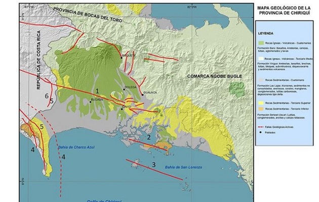 Principales  fallas  activas  de  Chiriquí,  Suroeste  de  Panamá (adaptado de Cowan et al., 1998) en donde semuestran la Zona de Falla Longitudinal  (1),  Zona  de  Falla  Boca  Chica  (2),  Zona  de  Falla  de  las Paridas  (3),  Zona  de  Fractura  de  Panamá  (4),  Falla  Media  (5),  Falla Canoas (6). Foto: Revista Tecnociencia