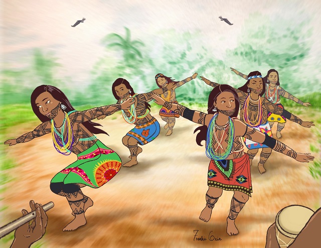 Los hermanos Chibau y K'õsi observan a las mujeres de su comunidad bailar la danza del buitre y aprenden sobre los orígenes de esta práctica cultural ancestral. Foto: Frankie Grin