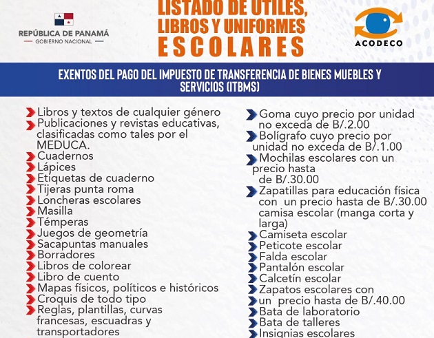 La Acodeco manifestó que se  mantiene vigilante de que los letreros que contienen el listado de útiles exentos del impuesto, se mantengan a la vista de los consumidores en los comercios a nivel nacional.