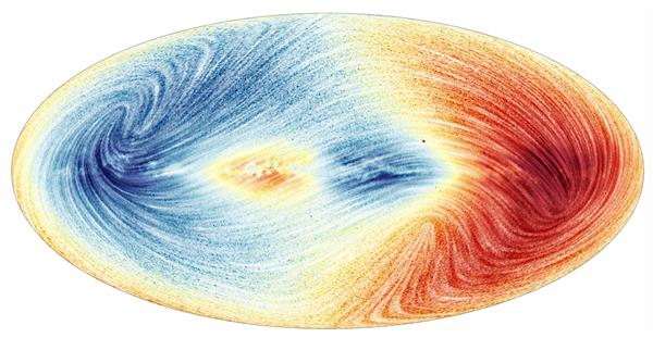 Mapa que muestra el campo de velocidad de la Vía Láctea para aproximadamente 26 millones de estrellas.