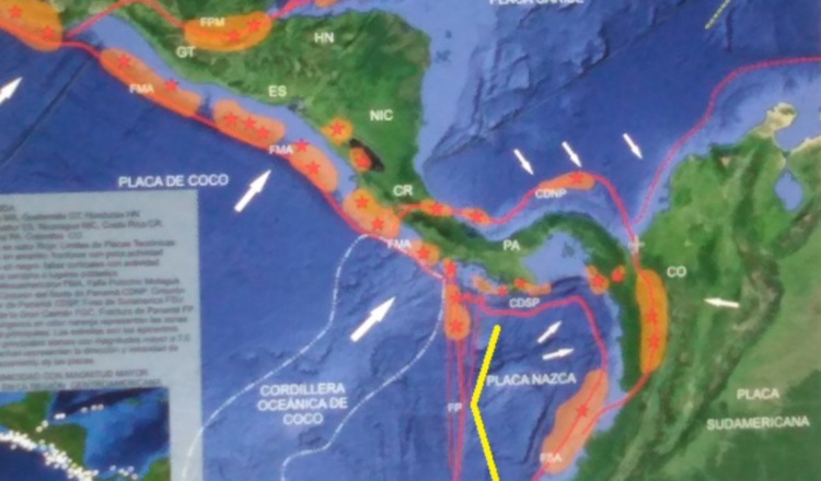 La zona de la fractura de Panamá, ubicada mayormente en  el fondo del océano, está integrada por al menos  cuatro fallas mayores. Cortesía