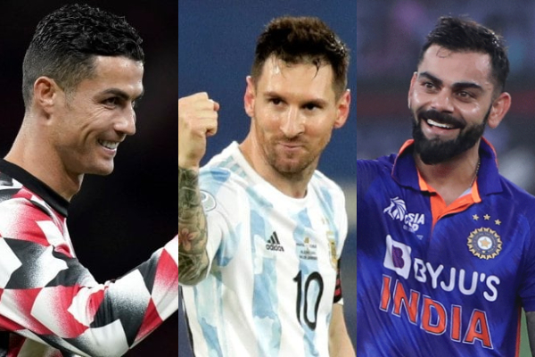 Cristiano Ronaldo, Lionel Messi y Virat Kohli. Fotos: Archivo / ICC / Twitter