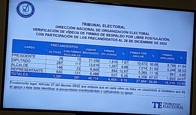 Cuadro presentado por el Tribunal Electoral en el que se detalla el resultado de los videos revisados a precandidatos independientes. Foto: Francisco Paz