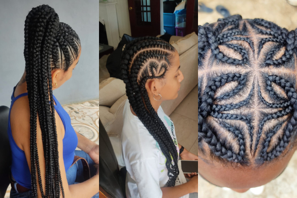 Ponytail braids, cornrows y knotless box braids medium con diseño de mariposa. Foto: Cortesía / @trenzasthali