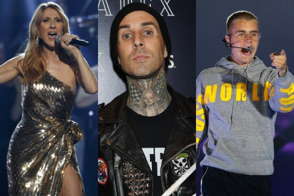 Céline Dion, Travis Barker (de Blink-182) y Justin Bieber. Fotos: Archivo