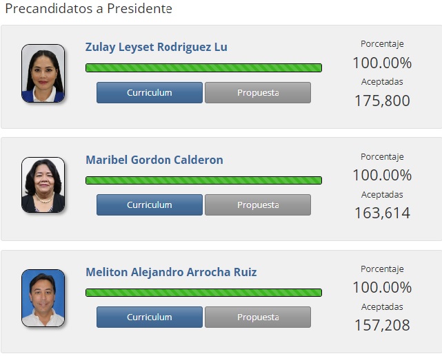 Dos de los tres candidatos pertenecen a partidos políticos, mientras que una perteneció a uno que se extinguió. Imagen: Tribunal Electoral