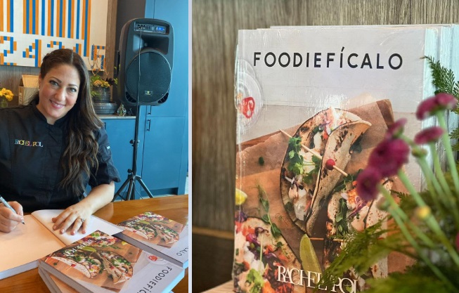 Rachel Pol y la portada de su libro. Foto: Cortesía