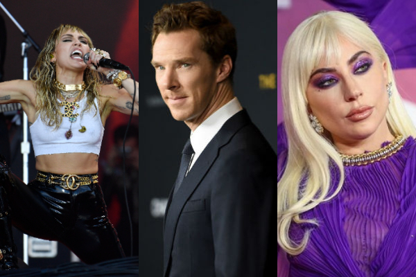 Miley Cyrus, Benedict Cumberbatch y Lady Gaga. Fotos: Archivo / EFE