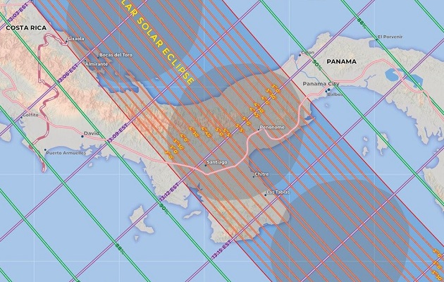 Zonas de Panamá en las que se apreciará el eclipse anular de sol. Foto: Cortesía/Dinace