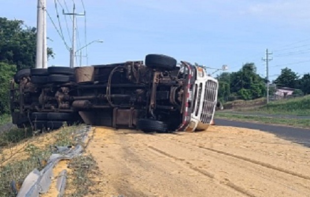 El camión que transportaba alimento terminó volcado en la vía hacia Guararé. Foto: Thays Domínguez