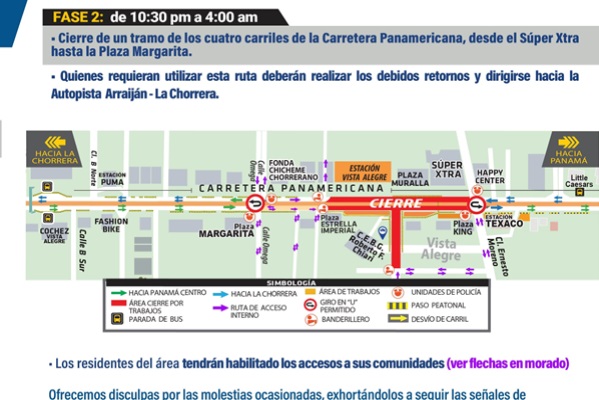 Por otro lado se informó que la fase 2 de los trabajos se realizará en un horario de 10:30 p.m. a 4:00 a.m.