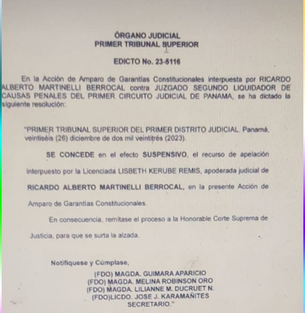 Edicto que concede la apelación a favor del Amparo presentado por Martinelli. 