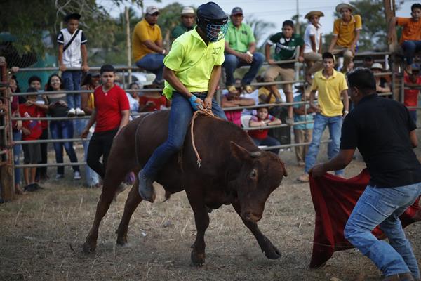 Jóvenes participan de una corrida de toros este sábado, durante el Festival Folclórico Nacional de La Mitra.