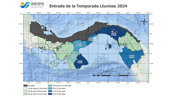 Mapa que indica como será el estreno de la estación lluviosa en el territorio nacional. Imagen del IMHPA