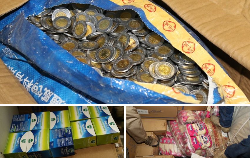 Las autoridades han decomisado monedas falsas, arroz y cajas de Vicks. 