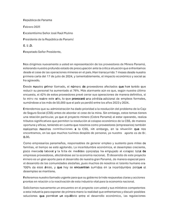 Proveedores de Cobre Panamá entregan carta con afectaciones, tras cese de la mina