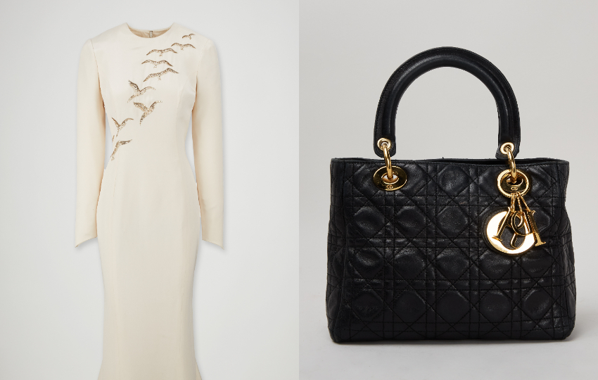 El vestido de noche 'Falcon' y el bolso de piel de cordero de la marca Dior. Foto: EFE / Julien's