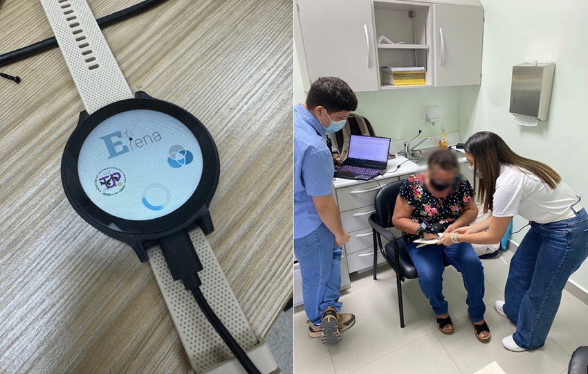 A la izquierda, dispositivo desarrollado por el equipo de investigación. A la derecha, participante del estudio prueba uno de los prototipos creado por los ingenieros. Foto: UTP