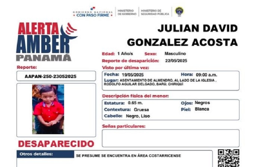 Julián David González Acosta, de apenas 1 año, mide aproximadamente 0.65 metros, tiene piel blanca, ojos y cabello negro. Foto. PGN