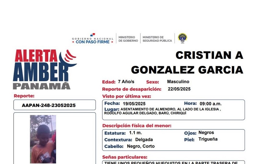 Cristian A. González García, de 7 años; mide 1.10 metros, tiene piel trigueña, ojos y cabello negro. Foto. PGN