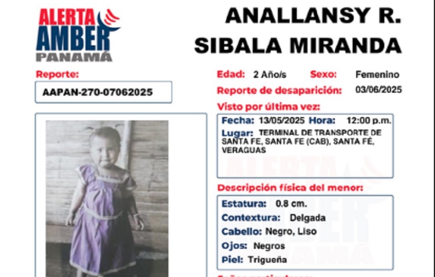 Anallansy Rosilda Silbala Miranda tiene 2 años, contextura delgada, cabello negro liso y ojos negros. Foto. PGN