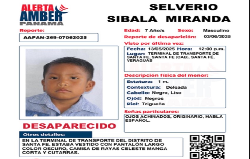 Selverio Silbala Miranda tiene 7 años, y se reporta que es de piel trigueña, cabello liso y es originario de la región. Foto. PGN