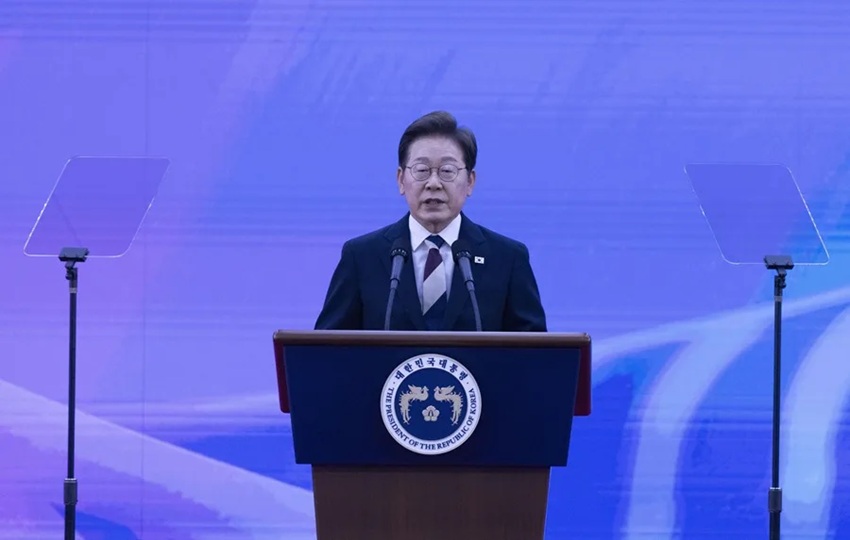 El nuevo presidente de Corea del Sur, Lee Jae-myung, en su discurso de aceptación del cargo. Foto: EFE