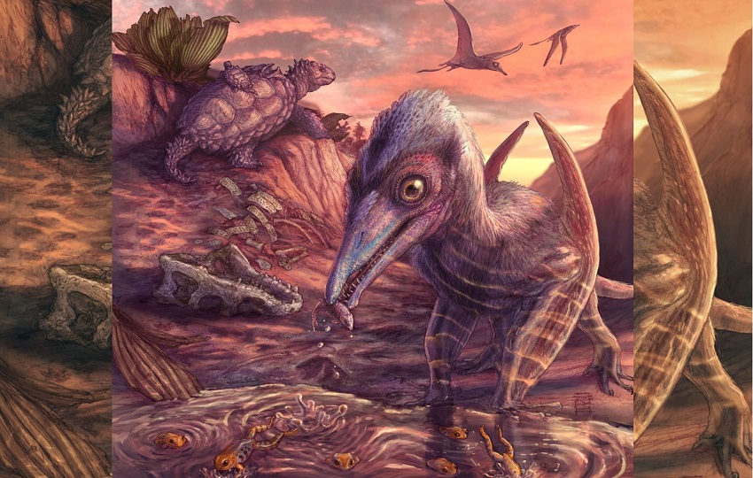 Una reconstrucción artística del paisaje fosilizado, las plantas y los animales encontrados en un yacimiento del Parque Nacional del Bosque Petrificado, en Arizona. Ilustración: Brian Engh