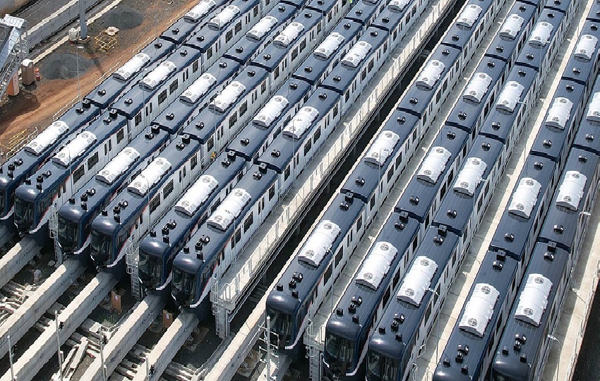 En los patios y talleres de Ciudad del Futuro se encuentran los 26 trenes que brindarán servicio en la Línea 3 del Metro. Foto. Cortesía. Metro de Panamá