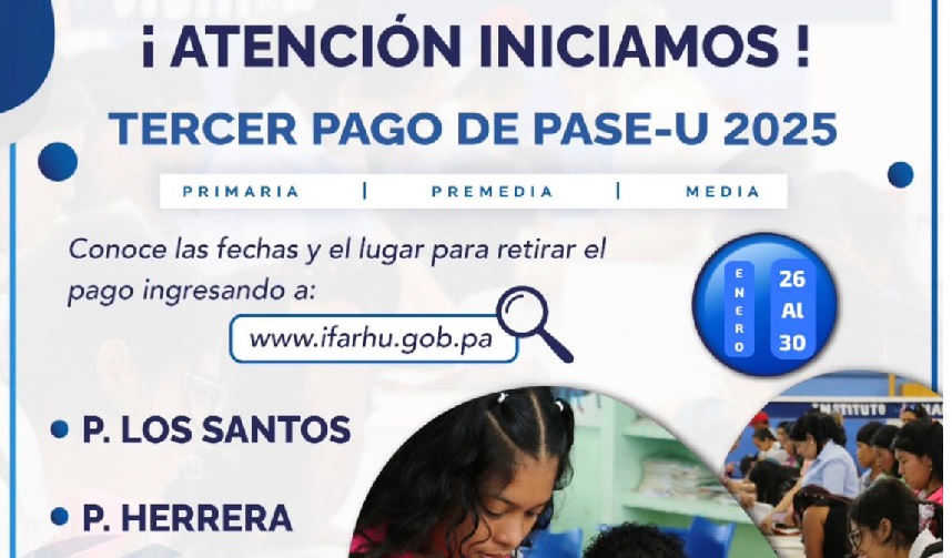 Anuncio de la entidad sobre el pago del Pase-U en esta semana. Imagen: Cortesía Ifarhu