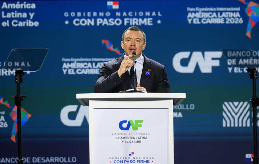 El presidente de Ecuador, Daniel Noboa, habla durante el Foro Económico Internacional América Latina y el Caribe 2026 este miércoles, en Ciudad de Panamá (Panamá). EFE/ Bienvenido Velasco