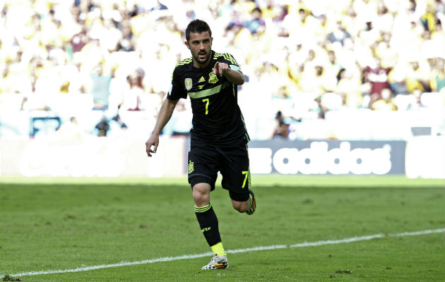 David Villa celebra su primer gol en el Mundial Brasil 2014 y el número nueve que anota en citas mundialista. Foto/EFE