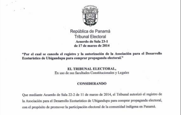 Documento que envió el Tribunal Electoral (TE).