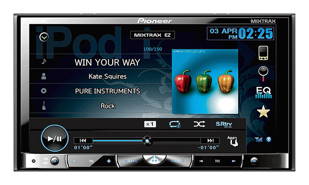 Modelo AVH 8450. Esta pantalla permite la reproducción en formatos DVD, MP3, WMA, Divx, entre otros. La pantalla es desmontable. Ofrece visualización de imágenes JPG en CD, USB y SD. Tiene entrada auxiliar trasera. ()