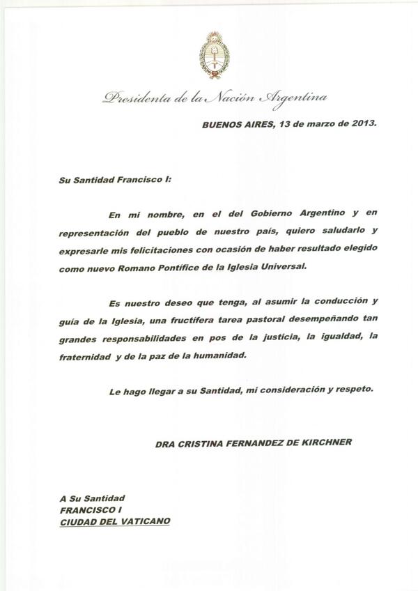 Misiva de la presidenta de Argentina Cristina Fernández de Kirchner dirigida a su Santidad Francisco I.<br>