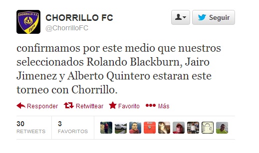 Esta tarde el club posteo en su cuenta oficial de Twitter @ChorrilloFC que los jugadores; Rolando Blackburn, Jairo Jiménez y Alberto Quintero militaran esta temporada con la entidad deportiva. <br>
