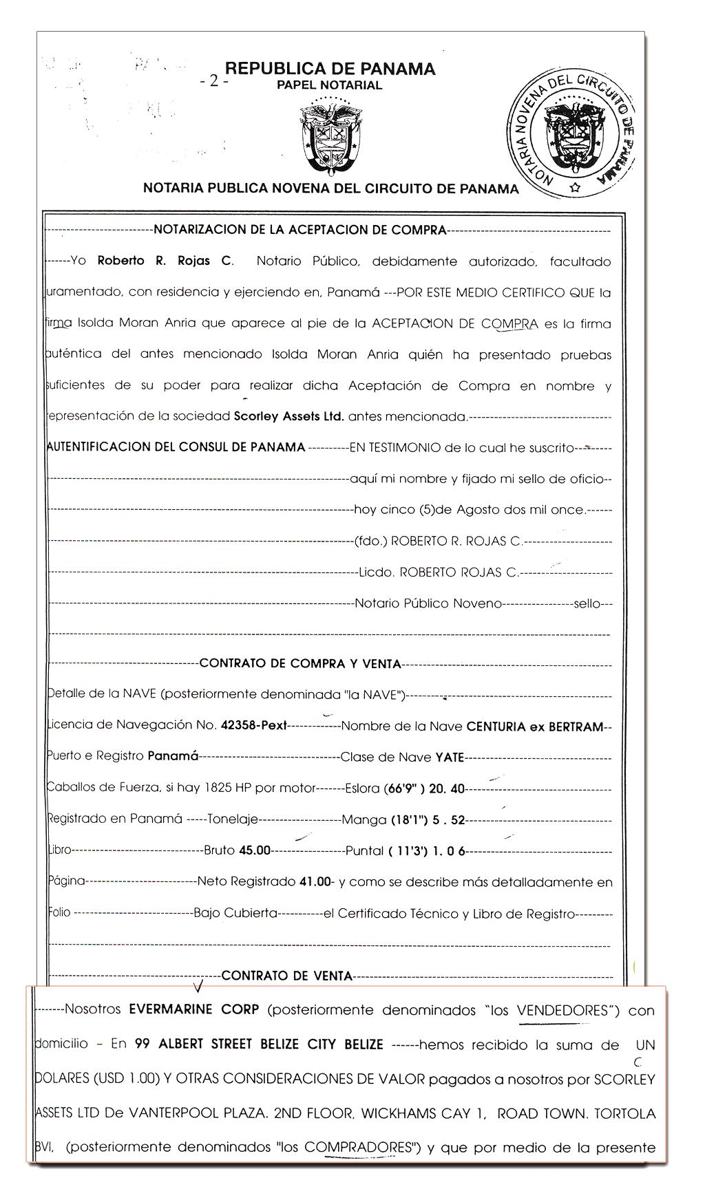 La escritura sostiene que la compra-venta de la embarcación fue registrada en un dólar y otras consideraciones de valor, cuando el costo de mercado de un yate Bertram modelo 630 es de unos $3 millones.()