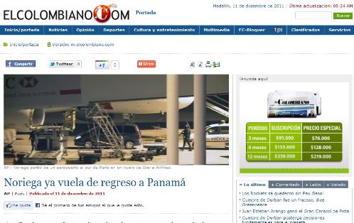 Portada del diario El Colombiano, versión digital.<br>