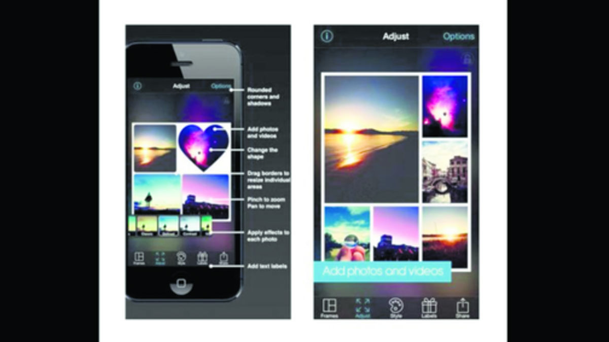 Crea un collage de fotos de hasta nueve imágenes o videos. Se puede elegir entre 73 marcos y formas. La app permite compartir contenido en las redes sociales. Disponible para: iOS, Android y BlackBerry ($0.99).