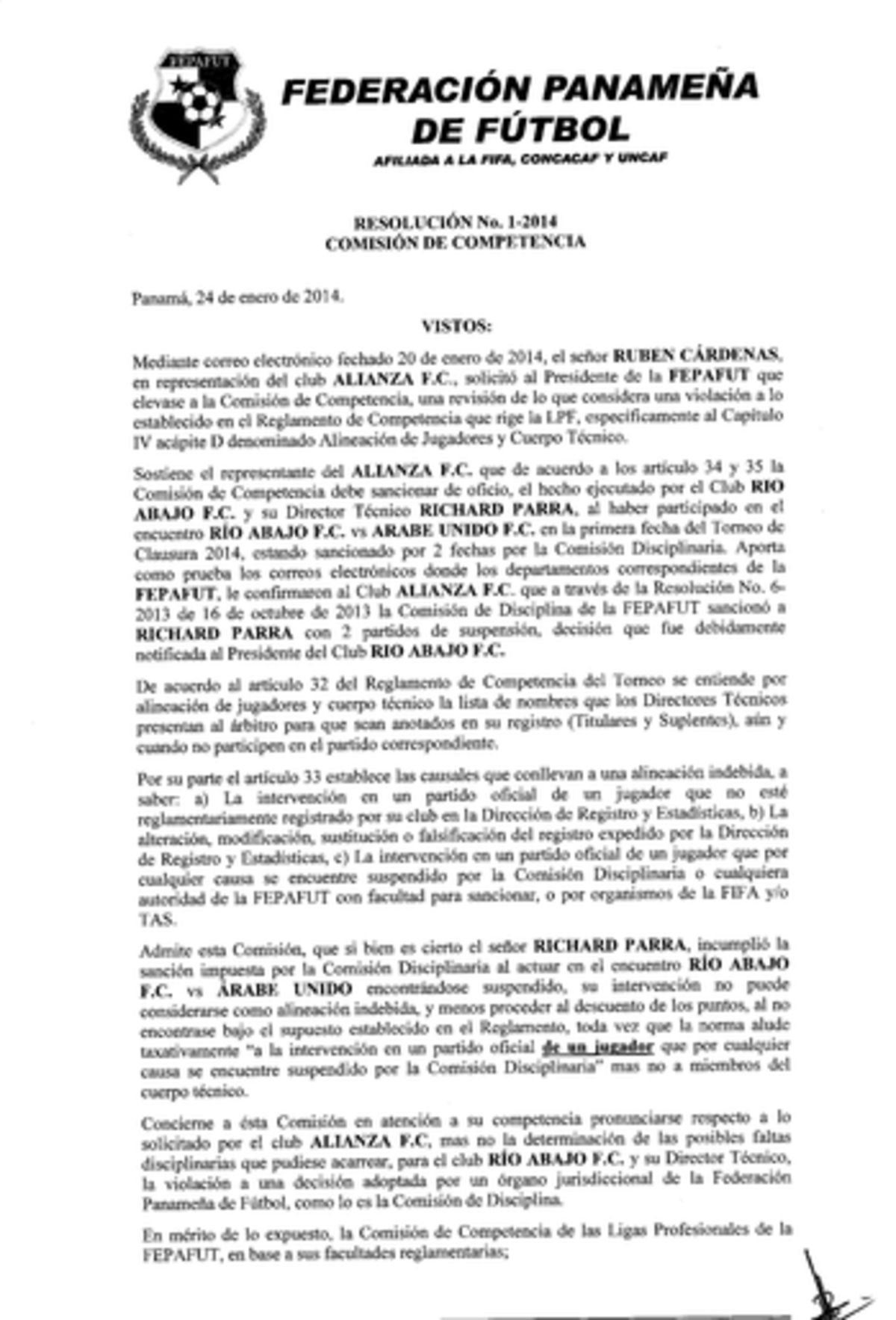 Resolución de la Federación Panameña de Fútbol (Fepafut) sobre el caso Richard Parra.()