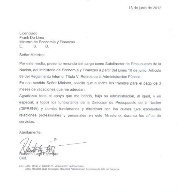 Carta de renuncia del subdirector de Presupuesto de la Nación, Roberto Lugo Espinosa, extendida el día de hoy, lunes 18 de junio, al ministro de Economía y Finanzas, Frank De Lima. Cortesía MEF.<br>