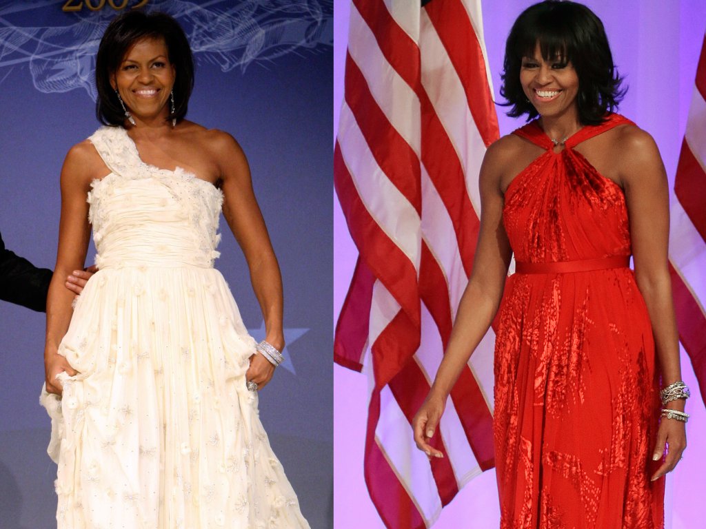 El vestido color rubí que la primera dama lució el lunes por la noche le siguió al vestido blanco que Wu le hizo hace cuatro años. AP<br>