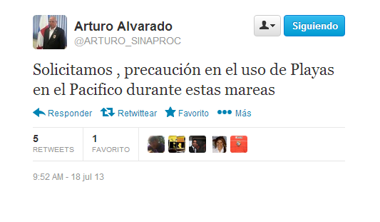 Imagen tomada del Twitter del director del Sinaproc, Arturo Alvarado.