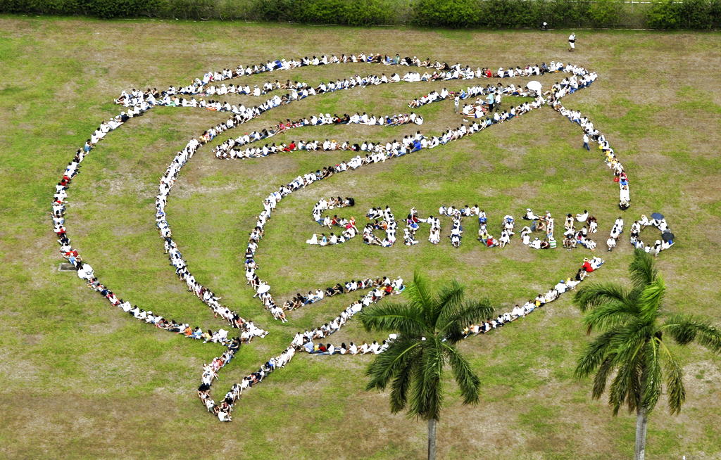 Fotografía cedida por Whaleman Foundation el 1 de julio, que muestra una vista aérea de un grupo de panameños y extranjeros que posan formando el mensaje "Santuario" en las riberas del Canal de Panamá. EFE/Jeff Pantukhoff/Spectral Q/Whaleman Foundation<br