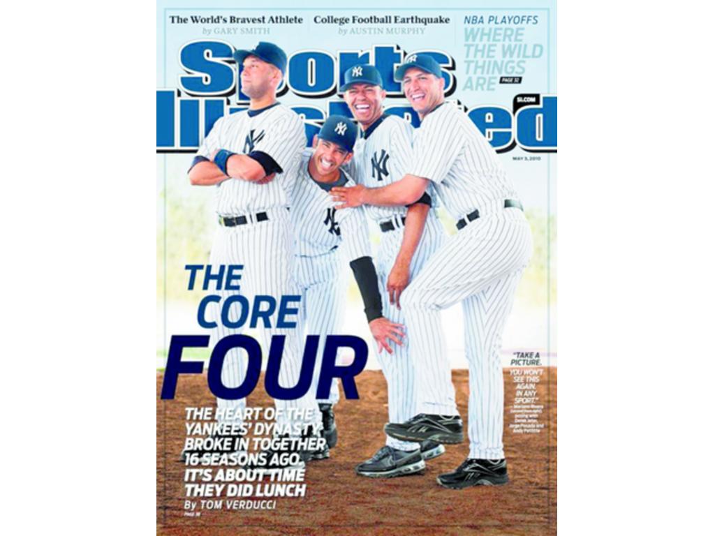 Mariano Rivera junto a tres de sus compañeros más cercanos en la franquicia de los Yanquis, el gran capitán Derek Jeter, el lanzador zurdo Andy Pettitte y el receptor puertorriqueño Jorge Posada.
